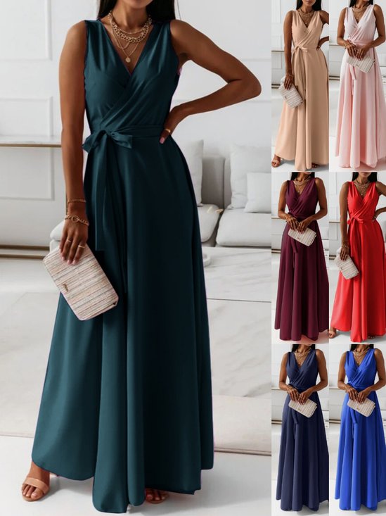 Women Plain Sleeveless Summer Split Joint Dress V Neck Daily Vintage Maxi Tank A-Line Dress