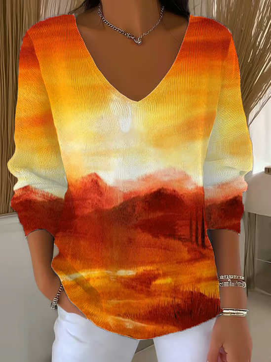 Women Abstract Long Sleeve Tee T-shirt V Neck Printing Casual Spring/Fall Top