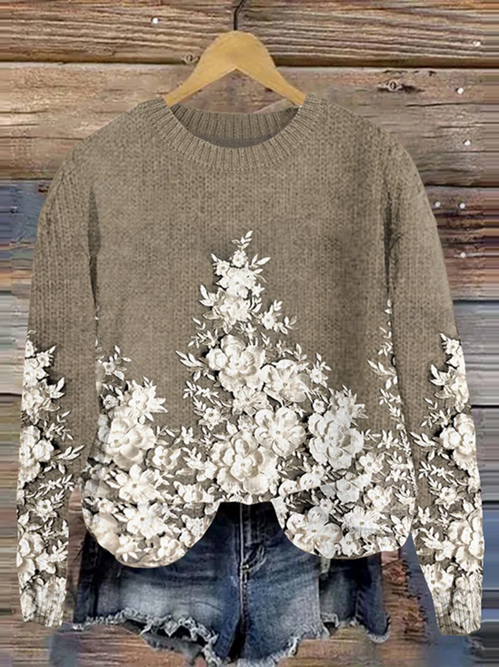 Women Floral Printing Spring/Fall Casual Long Sleeve Crew Neck Knitted Sweater