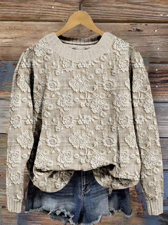 Women Floral Printing Spring/Fall Casual Long Sleeve Crew Neck Knitted Sweater