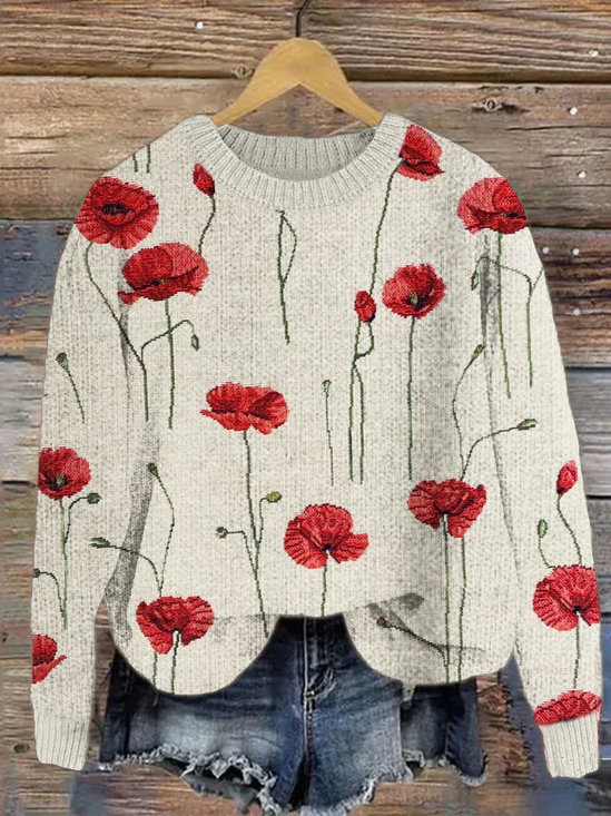 Women Floral Printing Spring/Fall Casual Long Sleeve Crew Neck Knitted Sweater