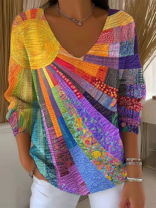 Women Abstract Long Sleeve Tee T-shirt V Neck Printing Casual Spring/Fall Top