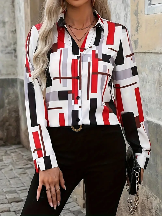 Women Abstract Long Sleeve Shirt Spring/Fall Buckle Shirt Collar Regular Sleeve Daily Casual Top