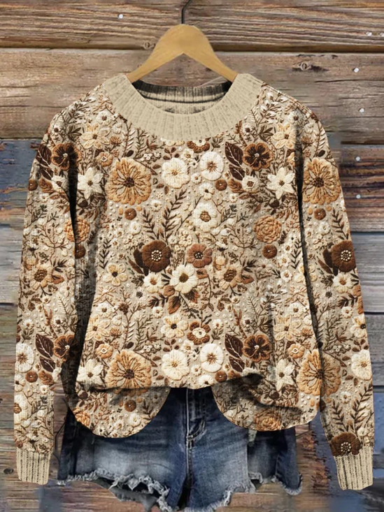 Women Floral Printing Spring/Fall Casual Long Sleeve Crew Neck Knitted Sweater