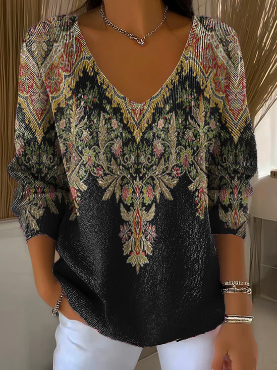 Women Floral Long Sleeve Tee T-shirt V Neck Printing Casual Spring/Fall Top
