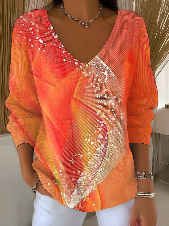 Women Abstract Long Sleeve Tee T-shirt V Neck Printing Casual Spring/Fall Top