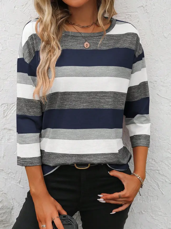 Women Striped Three Quarter Sleeve Tee T-shirt Crew Neck Casual Spring/Fall Graphic Tee Top