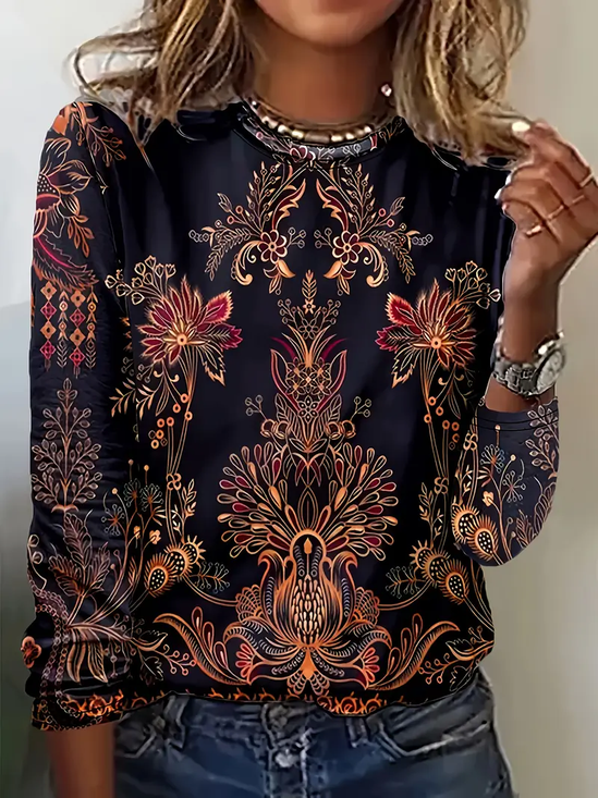 Women Floral Long Sleeve Tee T-shirt Crew Neck Printing Casual Spring/Fall Graphic Tee Top