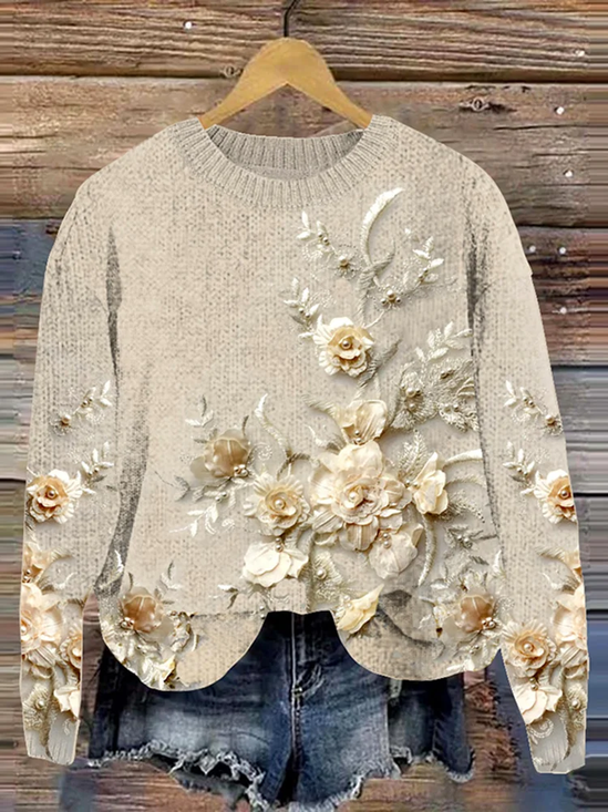 Women Floral Printing Spring/Fall Casual Long Sleeve Crew Neck Knitted Sweater