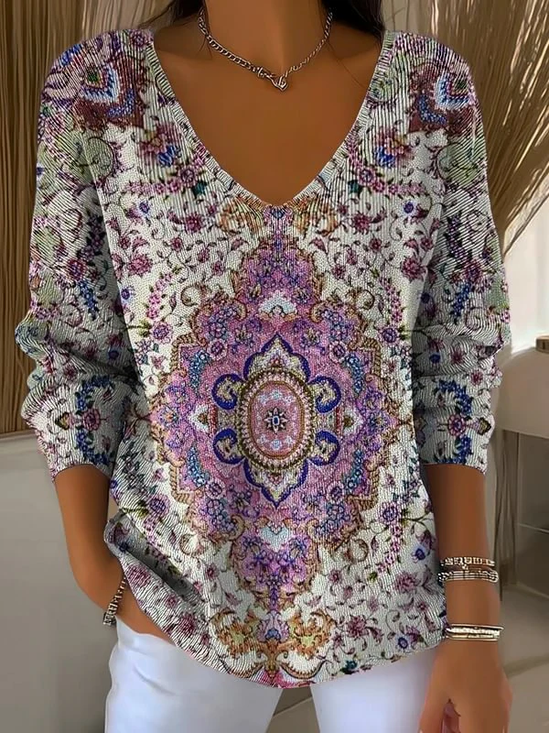 Women Ethnic Long Sleeve Tee T-shirt V Neck Printing Casual Spring/Fall Top