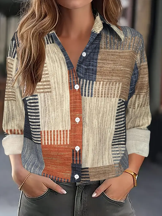 Women Abstract Long Sleeve Shirt Spring/Fall Buckle Shirt Collar Regular Sleeve Daily Casual Top