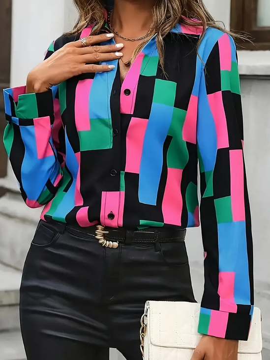 Women Abstract Long Sleeve Shirt Spring/Fall Buckle Shirt Collar Regular Sleeve Daily Casual Top