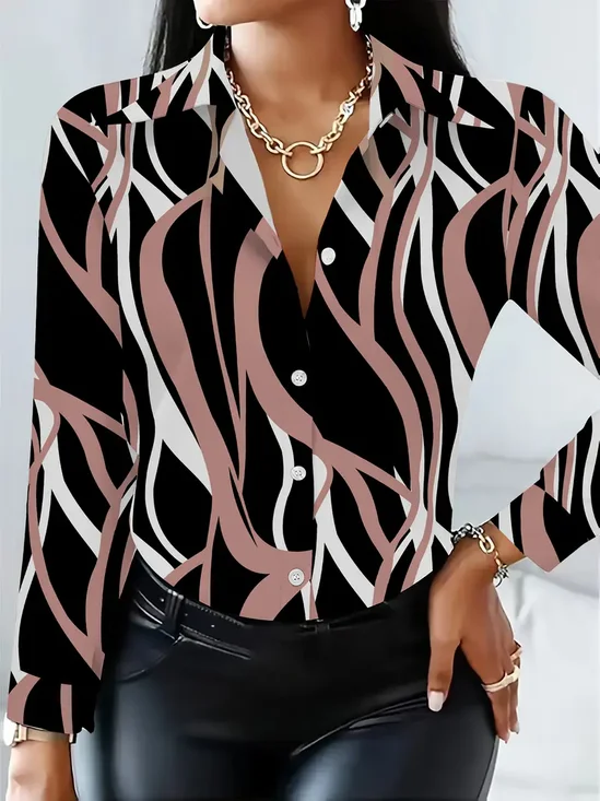Women Abstract Long Sleeve Shirt Spring/Fall Buckle Shirt Collar Regular Sleeve Daily Casual Top