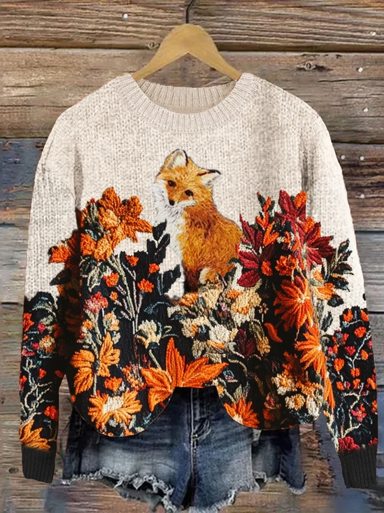 Women Floral Printing Spring/Fall Casual Long Sleeve Crew Neck Knitted Sweater