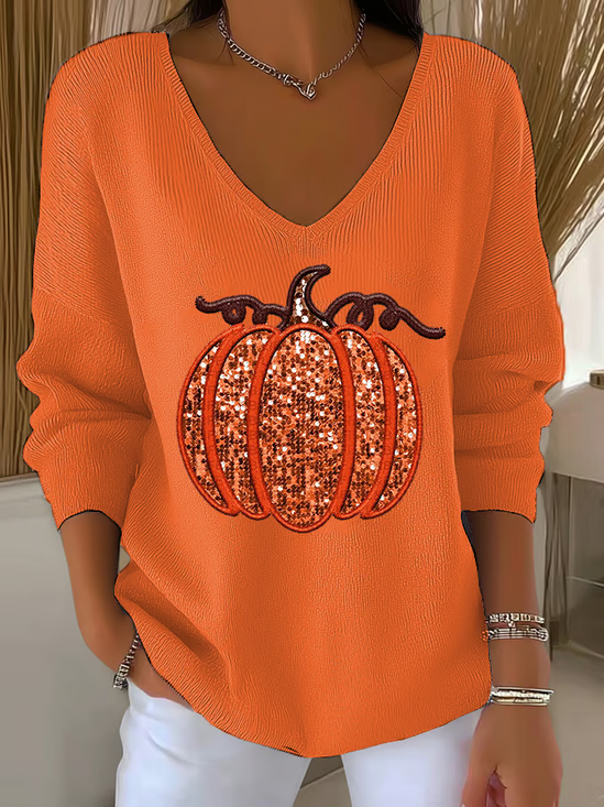 Women Halloween (pumpkin) Long Sleeve Tee T-shirt V Neck Printing Casual Spring/Fall Top