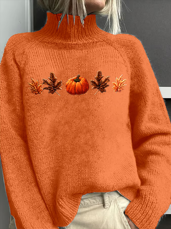 Women Maple Leaf Printing Spring/Fall Vintage Long Sleeve Turtleneck Sweater