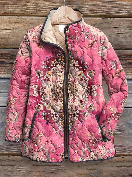 Women's Vintage Printing Winter Floral Stand Collar Padded Parka