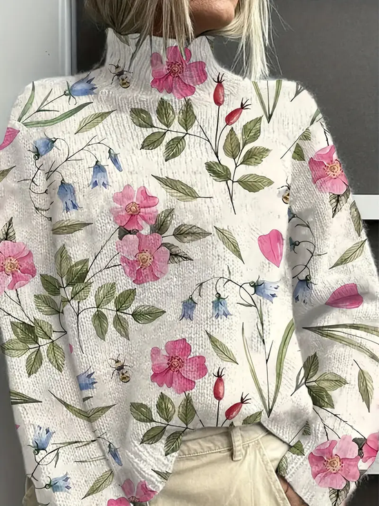 Women Floral Printing Spring/Fall Vintage Long Sleeve Turtleneck Sweater