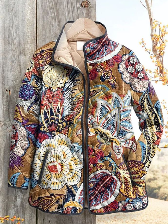 Women's Vintage Printing Winter Floral Stand Collar Padded Parka
