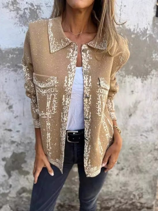 Women Spring/Fall Outerwear Vintage Printing Abstract Long Sleeve Shawl Collar Jacket