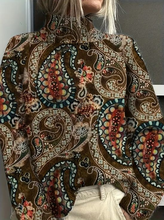 Women Floral Printing Spring/Fall Vintage Long Sleeve Turtleneck Sweater