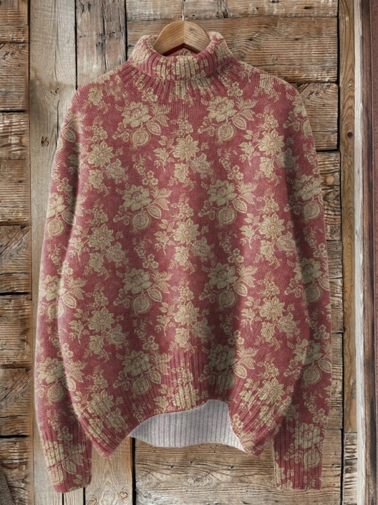 Women Floral Printing Spring/Fall Vintage Long Sleeve Turtleneck Sweater