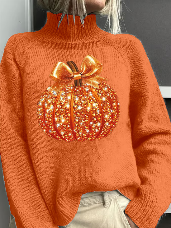 Women Halloween (pumpkin) Printing Spring/Fall Vintage Long Sleeve Turtleneck Sweater