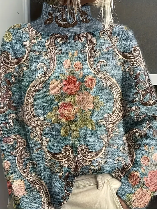 Women Floral Printing Spring/Fall Vintage Long Sleeve Turtleneck Sweater