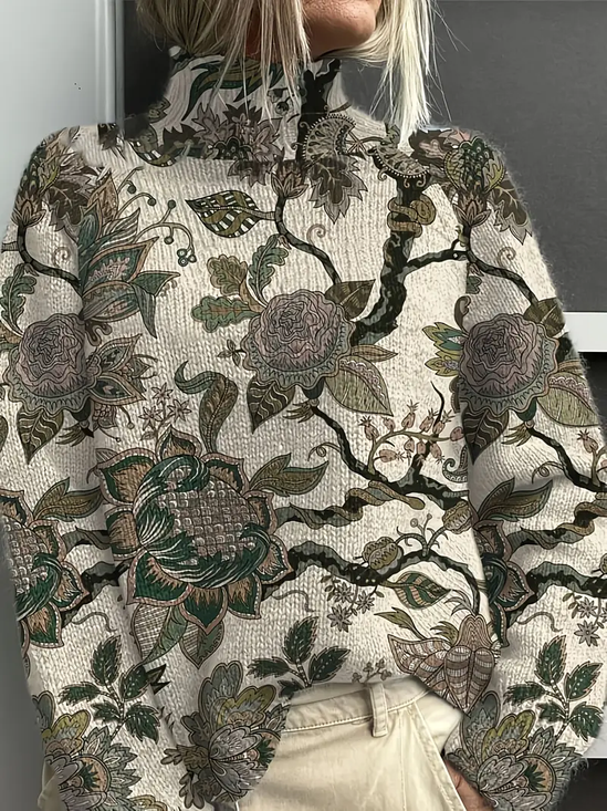 Women Floral Printing Spring/Fall Vintage Long Sleeve Turtleneck Sweater