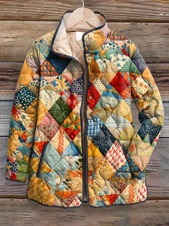 Women's Vintage Printing Winter Abstract Stand Collar Padded Parka