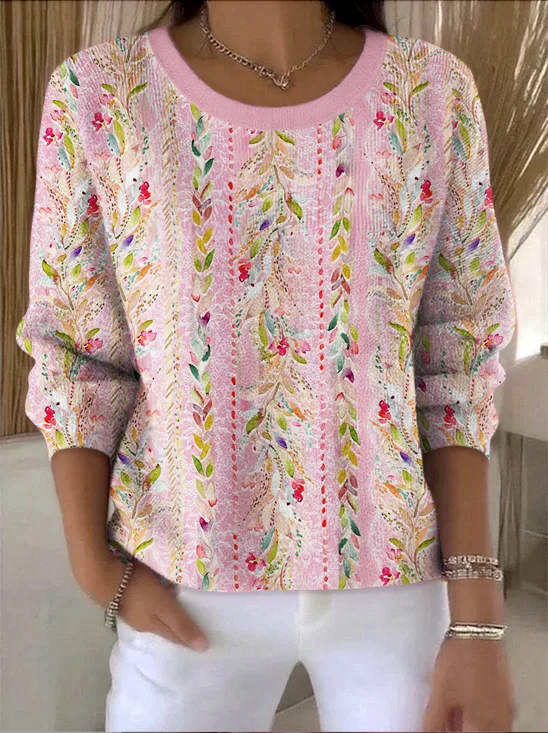 Women Floral Vintage Long Sleeve Crew Neck Cotton Spring/Fall Sweater
