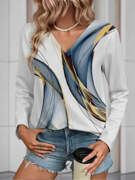 Women Abstract Long Sleeve Tee T-shirt V Neck Printing Casual Spring/Fall Graphic Tee Top