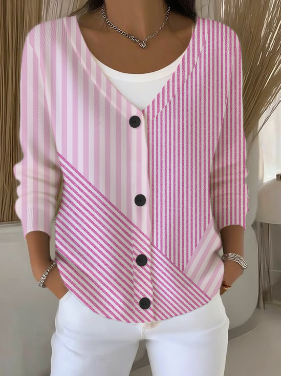 Women Striped Long Sleeve V Neck Casual Spring/Fall Cardigan Outerwear