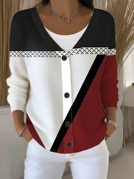 Women Abstract Long Sleeve V Neck Casual Spring/Fall Cardigan Outerwear
