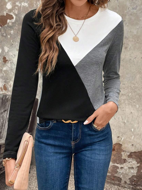 Women Multicolor Block Long Sleeve Tee T-shirt Crew Neck Printing Casual Spring/Fall Graphic Tee Top