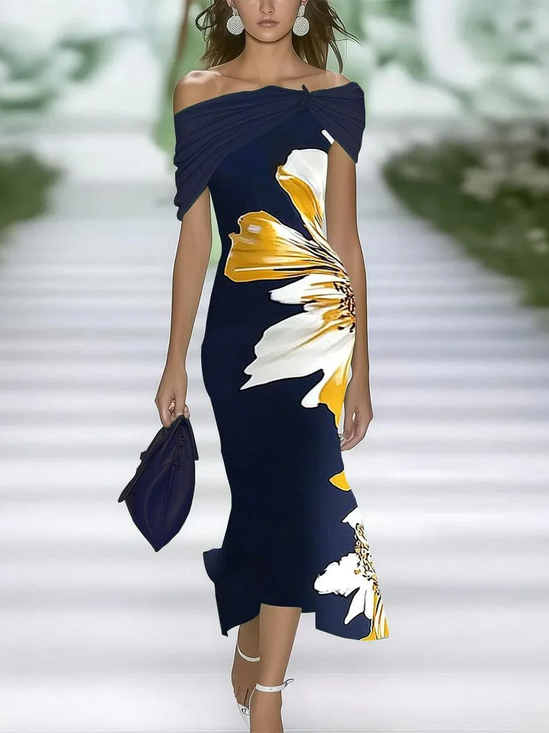 Women Floral Cap Sleeve Summer Printing Dress Cold Shoulder Daily Vintage Maxi H-Line Dress