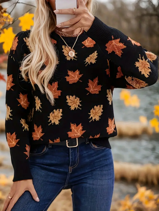 Women Maple Leaf Printing Spring/Fall Casual Long Sleeve Crew Neck Sweater