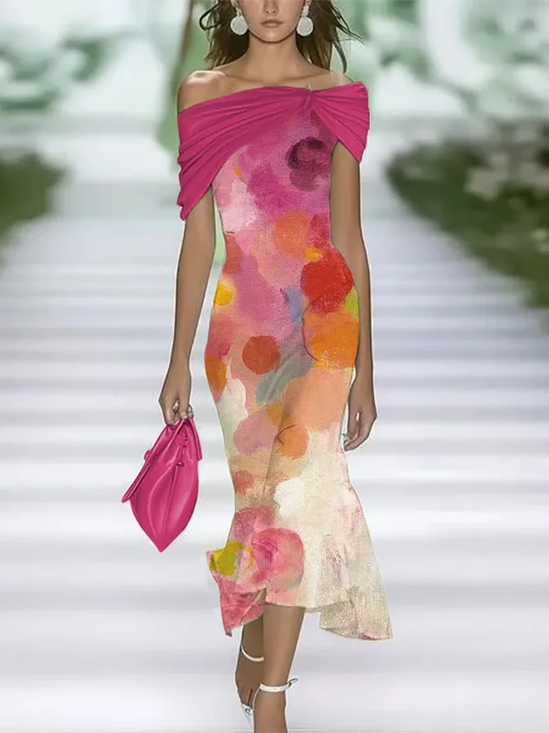 Women Abstract Cap Sleeve Summer Printing Dress Cold Shoulder Daily Vintage Maxi H-Line Dress