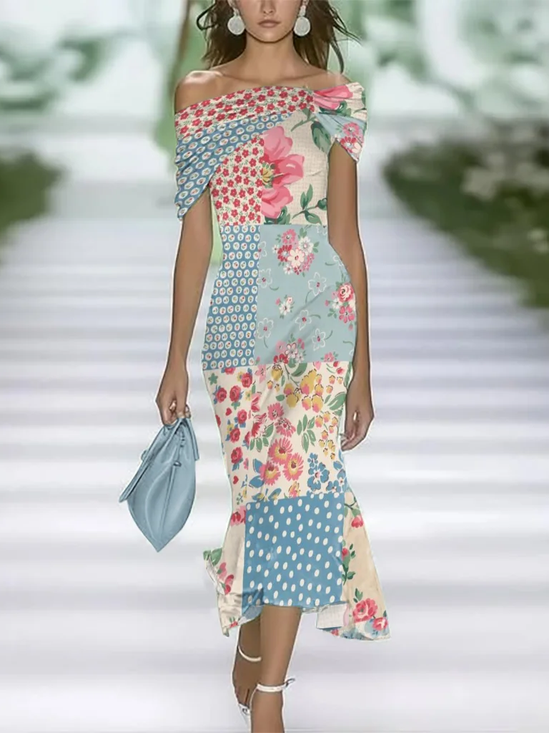 Women Floral Cap Sleeve Summer Printing Dress Cold Shoulder Daily Vintage Maxi H-Line Dress