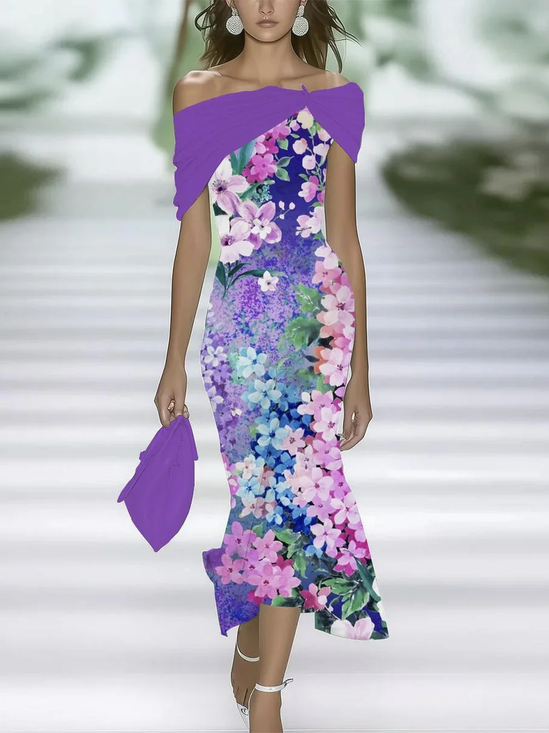 Women Floral Cap Sleeve Summer Printing Dress Cold Shoulder Daily Vintage Maxi H-Line Dress