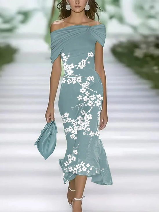 Women Floral Cap Sleeve Summer Printing Dress Cold Shoulder Daily Vintage Maxi H-Line Dress