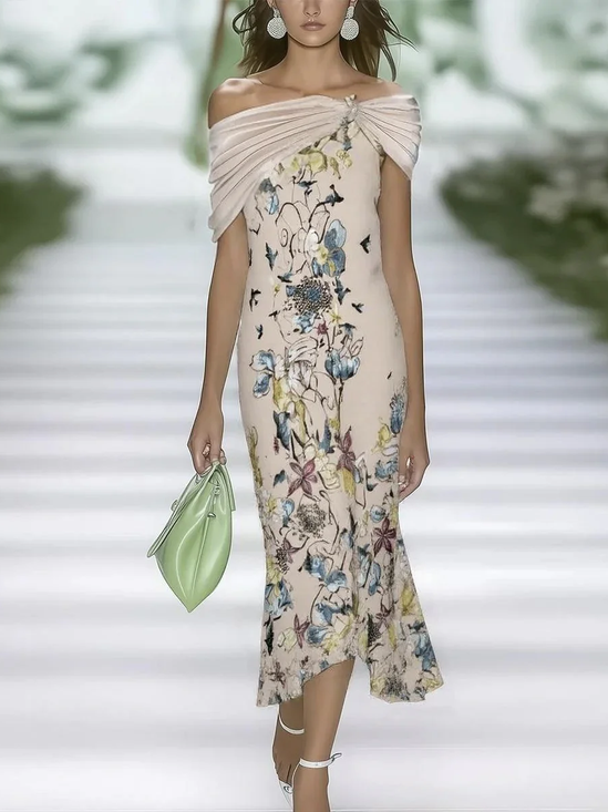 Women Floral Cap Sleeve Summer Printing Dress Cold Shoulder Daily Vintage Maxi H-Line Dress