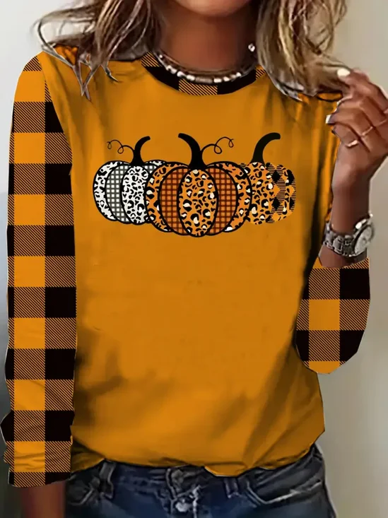 Women Plaid Long Sleeve Tee T-shirt Crew Neck Printing Casual Spring/Fall Graphic Tee Top