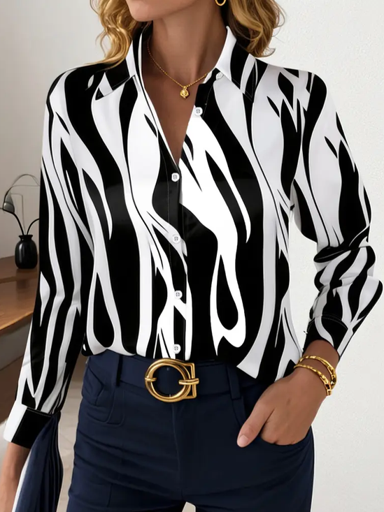 Women Abstract Long Sleeve Shirt Spring/Fall Buckle Shirt Collar Regular Sleeve Daily Casual Top