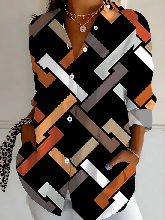 Women Abstract Long Sleeve Shirt Spring/Fall Buckle Shirt Collar Regular Sleeve Daily Casual Top