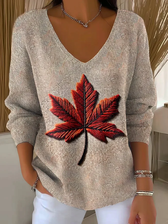 Women Maple Leaf Long Sleeve Tee T-shirt V Neck Printing Casual Spring/Fall Top