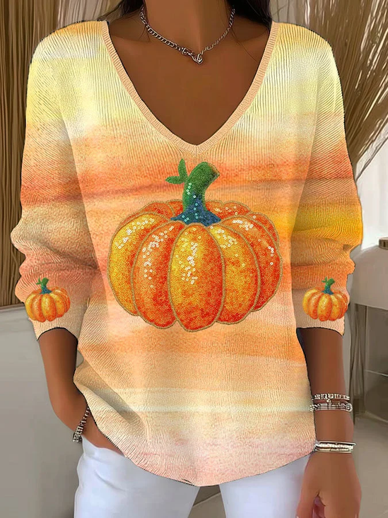 Women Halloween (pumpkin) Long Sleeve Tee T-shirt V Neck Printing Casual Spring/Fall Top