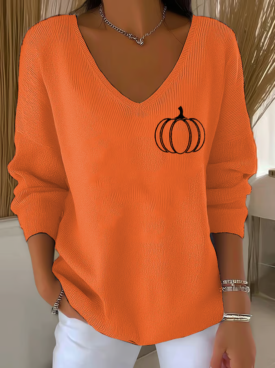 Women Halloween (pumpkin) Long Sleeve Tee T-shirt V Neck Printing Casual Spring/Fall Top