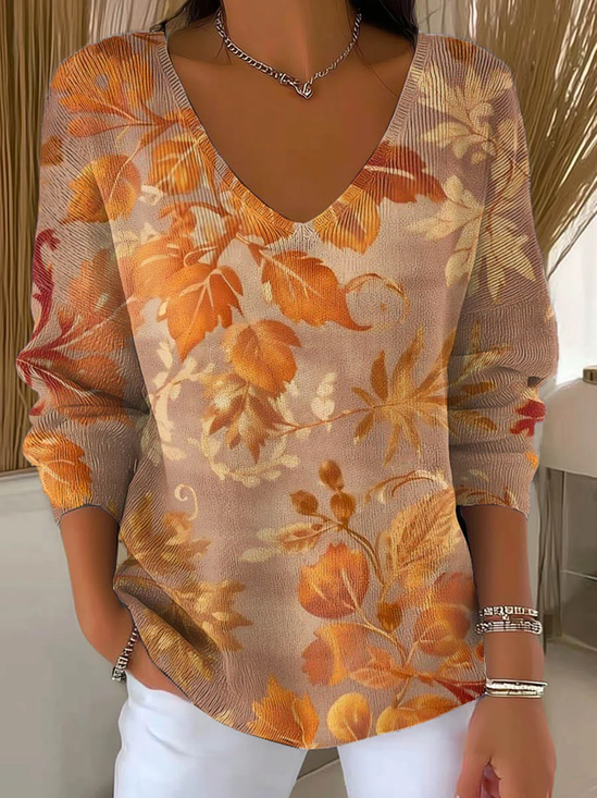 Women Maple Leaf Long Sleeve Tee T-shirt V Neck Printing Casual Spring/Fall Top