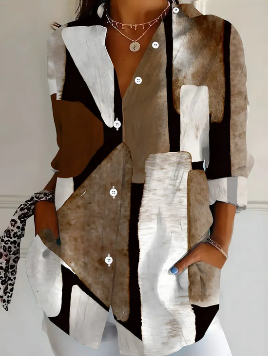 Women Abstract Long Sleeve Shirt Spring/Fall Buckle Shirt Collar Regular Sleeve Daily Casual Top
